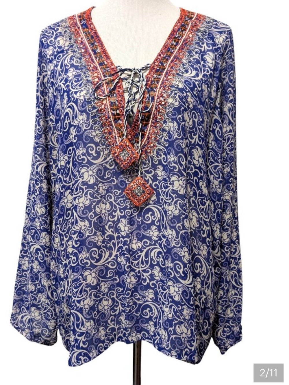 TAJ by Sabrina Crippa Blue Printed V-Neck Women's Top